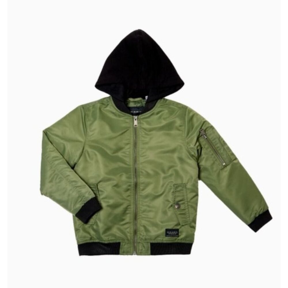 Kids Olive Green Removable Hooded Bomber Jacket Size Medium 10/12 With Pockets &